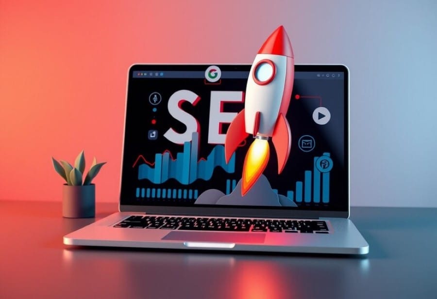 Boosting Your WordPress Website's SEO Concept show with rocket