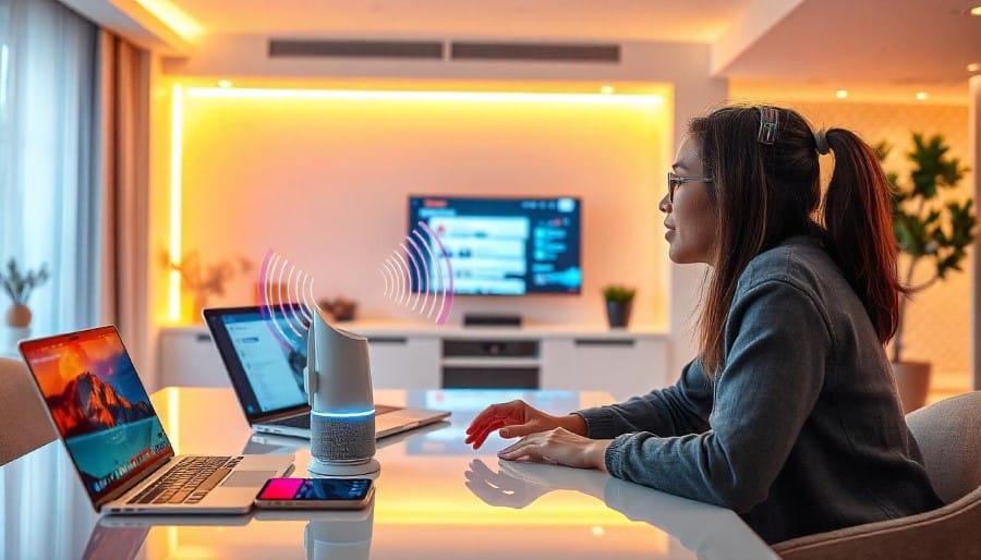 A professional office environment where a business owner is using voice search optimization on a smartphone