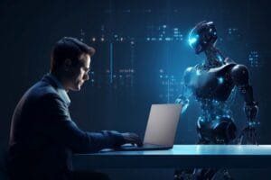 Businessman working in a futuristic office Explian AI-Organized SERPs & Overviews