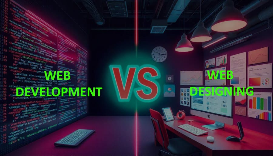 A split-screen digital illustration comparing web development and web design