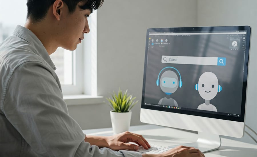 Image shown a man with computer screen that is using chatbot for there search