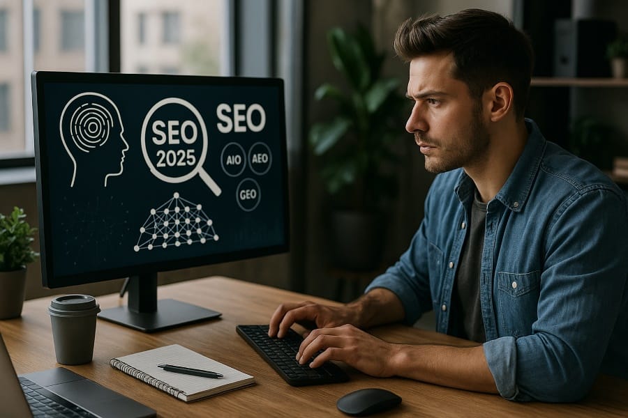 A man use computer to search the topic of Deep SEO and AI-Powered Search in 2025